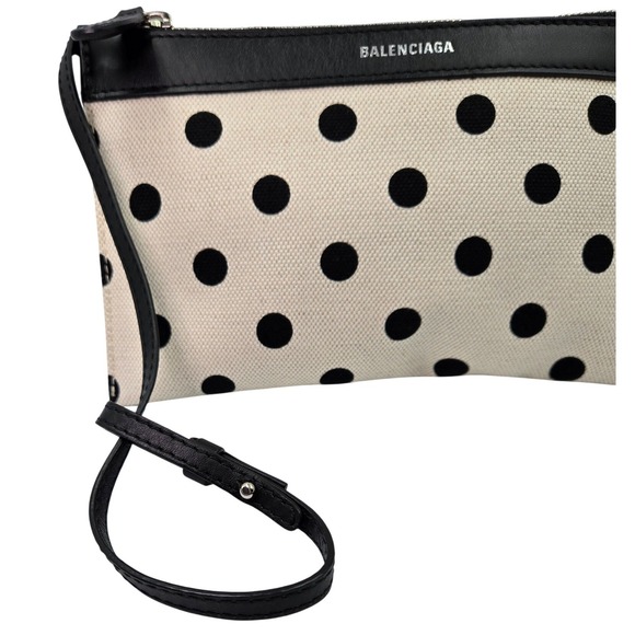 Balenciaga Navy Pouch Canvas Polka Dot Leather Trim Wristlet Clutch Black White - Picture 3 of 8